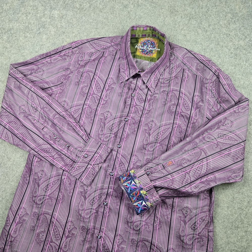 Robert Graham Button Up Shirt Mens 2XL Purple Paisley Floral Flip Cuff Preppy